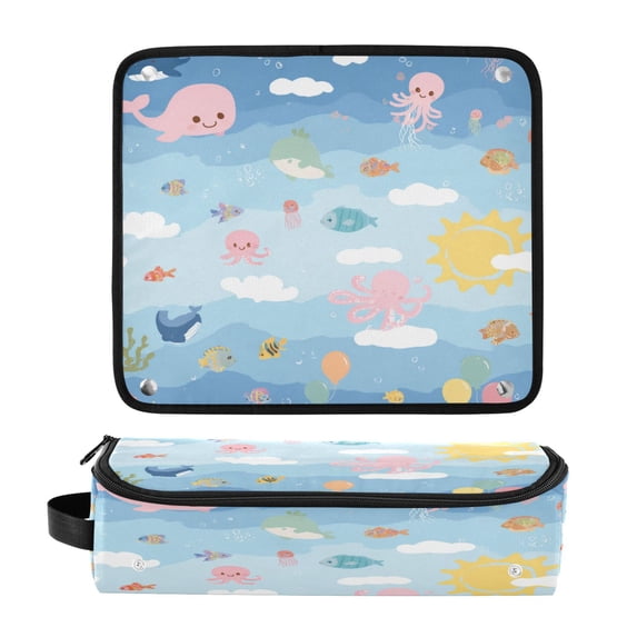 Hair Tool Organizer Bag with Heat Resistant Mat Removable Travel Storage Case for Hot Air Brushes Curling Irons Cute Cartoon Underwater Scene