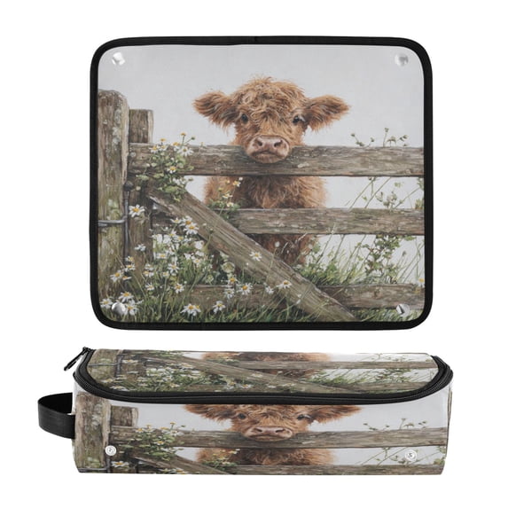 Hair Tool Organizer Bag with Heat Resistant Mat Removable Travel Storage Case for Hot Air Brushes Curling Irons Cute Highland Cow Peeking