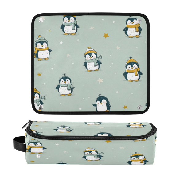 Hair Tool Organizer Bag with Heat Resistant Mat Removable Travel Storage Case for Hot Air Brushes Curling Irons Cute Penguins and Stars