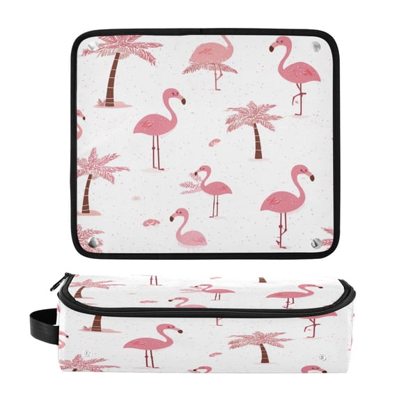 Hair Tool Organizer Bag with Heat Resistant Mat Removable Travel Storage Case for Hot Air Brushes Curling Irons Cute Pink Flamingos and Palm Trees