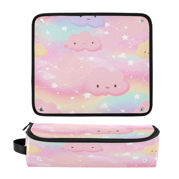 Hair Tool Organizer Bag with Heat Resistant Mat Removable Travel Storage Case for Hot Air Brushes Curling Irons Cute Stars and Pink Clouds