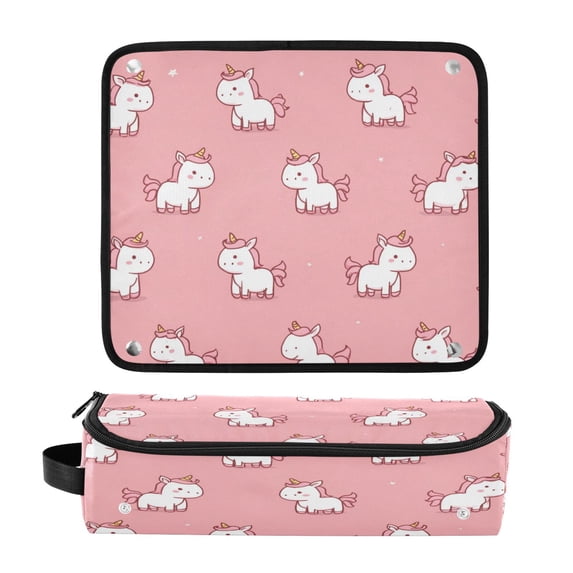 Hair Tool Organizer Bag with Heat Resistant Mat Removable Travel Storage Case for Hot Air Brushes Curling Irons Cute Unicorns with Pink Background