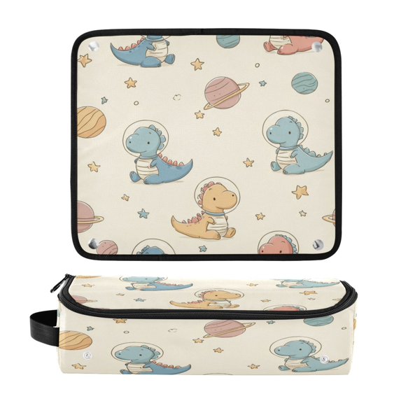 Hair Tool Organizer Bag with Heat Resistant Mat Removable Travel Storage Case for Hot Air Brushes Curling Irons Dinosaurs Wearing Spacesuits