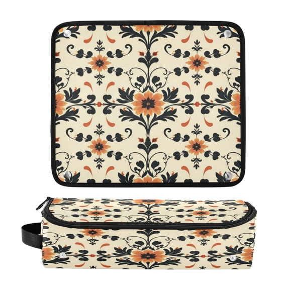 Hair Tool Organizer Bag with Heat Resistant Mat Removable Travel Storage Case for Hot Air Brushes Curling Irons Floral and Curled Vine Motifs