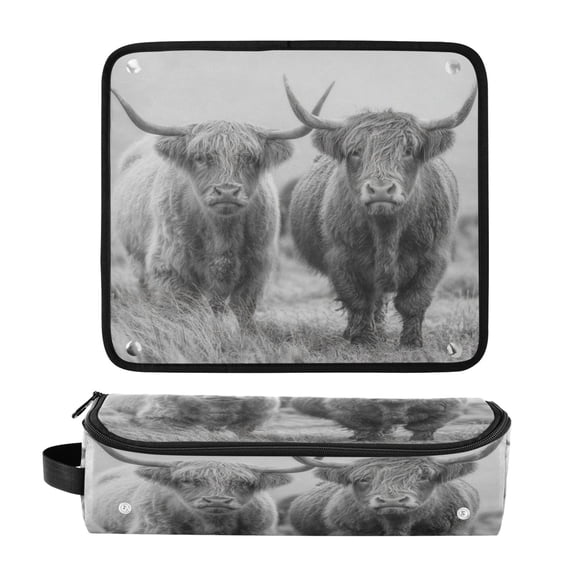 Hair Tool Organizer Bag with Heat Resistant Mat Removable Travel Storage Case for Hot Air Brushes Curling Irons Grey Highland Cattle