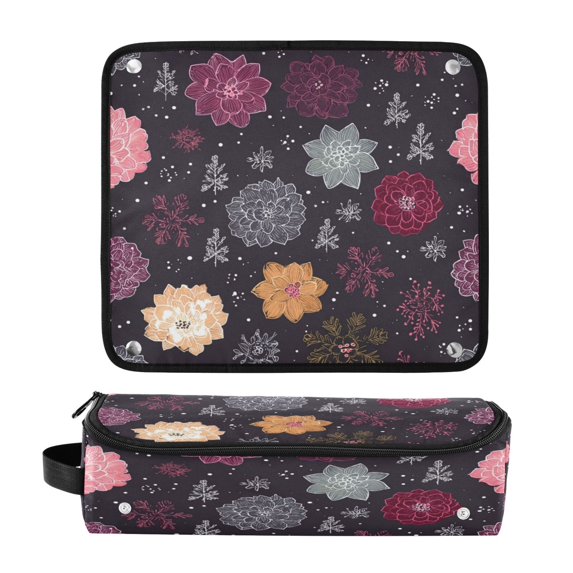 Hair Tool Organizer Bag with Heat Resistant Mat Removable Travel Storage Case for Hot Air Brushes Curling Irons Hand-drawn Flowers and Snowflakes