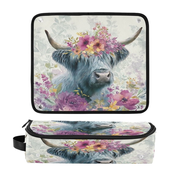 Hair Tool Organizer Bag with Heat Resistant Mat Removable Travel Storage Case for Hot Air Brushes Curling Irons Highland Cow with Wildflowers