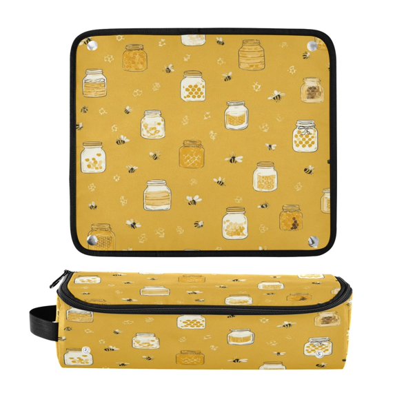 Hair Tool Organizer Bag with Heat Resistant Mat Removable Travel Storage Case for Hot Air Brushes Curling Irons Honey Jars and Bees Pattern