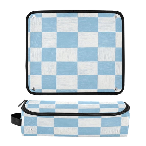 Hair Tool Organizer Bag with Heat Resistant Mat Removable Travel Storage Case for Hot Air Brushes Curling Irons Light Blue and White Checkered