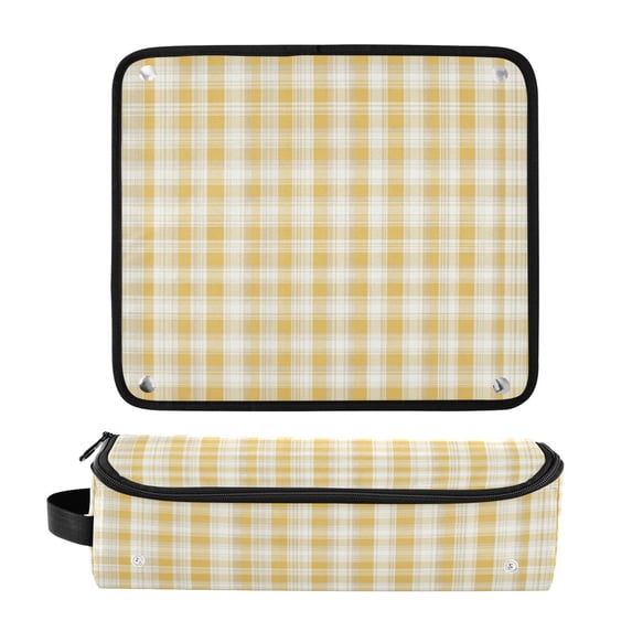 Hair Tool Organizer Bag with Heat Resistant Mat Removable Travel Storage Case for Hot Air Brushes Curling Irons Light Yellow and White Gingham