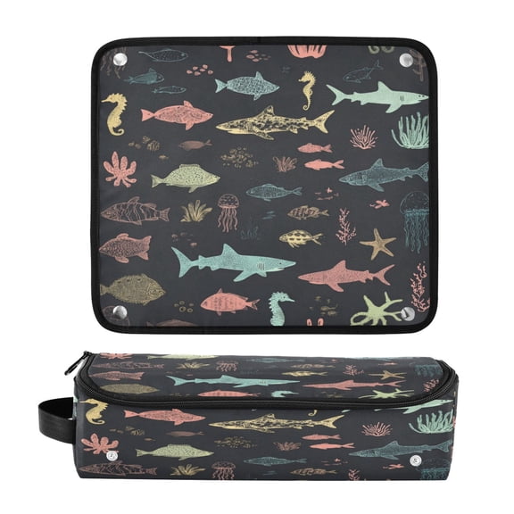 Hair Tool Organizer Bag with Heat Resistant Mat Removable Travel Storage Case for Hot Air Brushes Curling Irons Marine Life Pattern