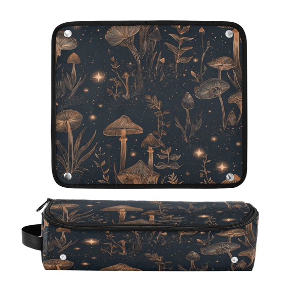 Hair Tool Organizer Bag with Heat Resistant Mat Removable Travel Storage Case for Hot Air Brushes Curling Irons Mushrooms and Plants Pattern