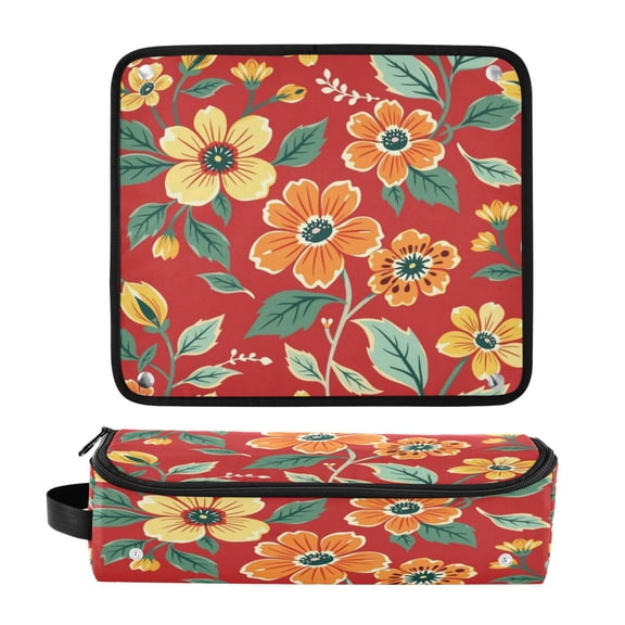 Hair Tool Organizer Bag with Heat Resistant Mat Removable Travel Storage Case for Hot Air Brushes Curling Irons Orange Floral Pattern Decoration
