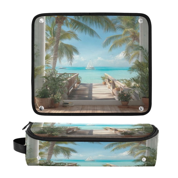 Hair Tool Organizer Bag with Heat Resistant Mat Removable Travel Storage Case for Hot Air Brushes Curling Irons Palm Trees and Ocean