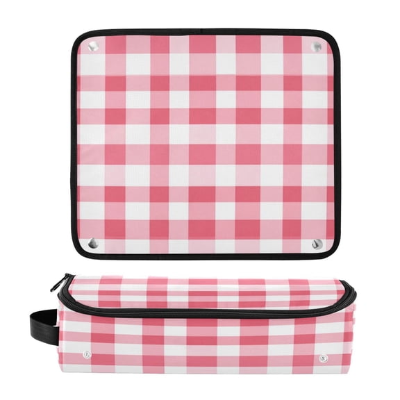 Hair Tool Organizer Bag with Heat Resistant Mat Removable Travel Storage Case for Hot Air Brushes Curling Irons Pink Checkered Pattern