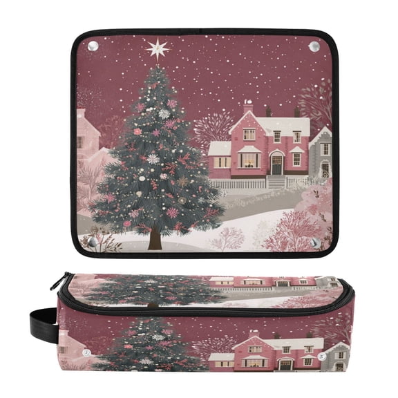 Hair Tool Organizer Bag with Heat Resistant Mat Removable Travel Storage Case for Hot Air Brushes Curling Irons Pink Christmas Trees and Houses