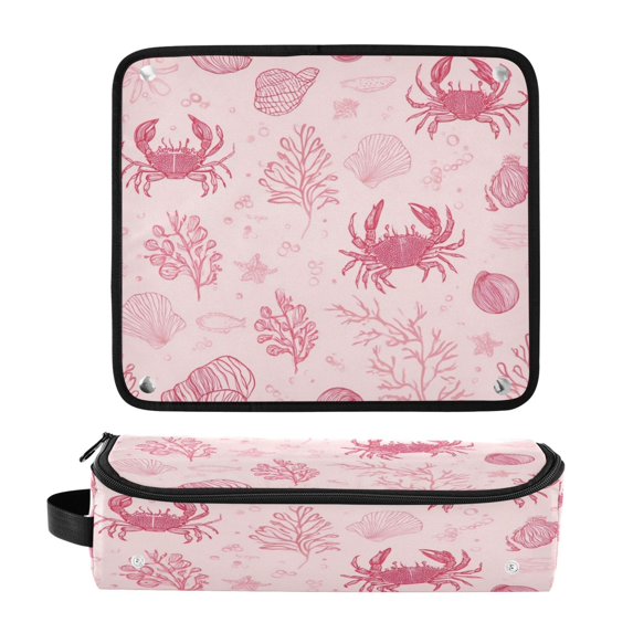 Hair Tool Organizer Bag with Heat Resistant Mat Removable Travel Storage Case for Hot Air Brushes Curling Irons Pink Line Art Sea Life Pattern