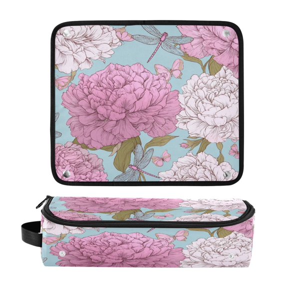 Hair Tool Organizer Bag with Heat Resistant Mat Removable Travel Storage Case for Hot Air Brushes Curling Irons Pink Peony Pattern