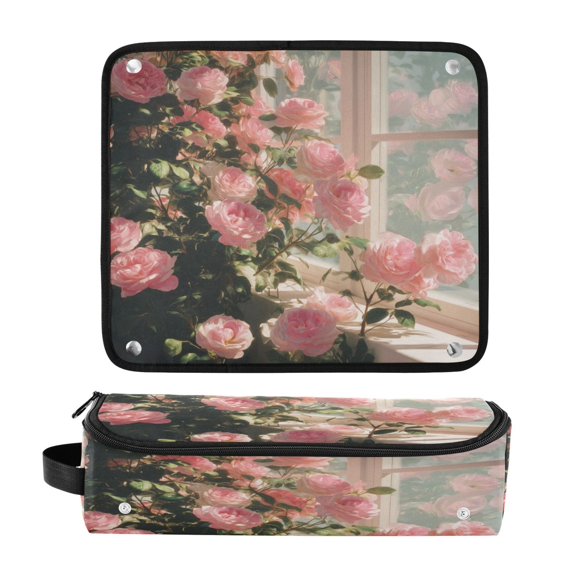 Hair Tool Organizer Bag with Heat Resistant Mat Removable Travel Storage Case for Hot Air Brushes Curling Irons Pink Rose Bushes