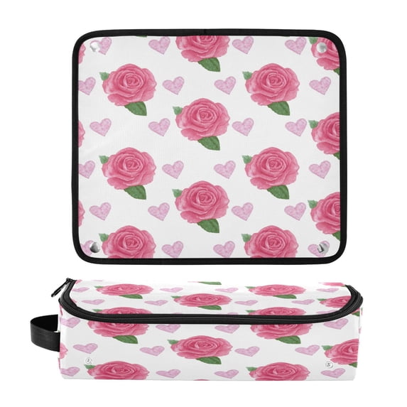 Hair Tool Organizer Bag with Heat Resistant Mat Removable Travel Storage Case for Hot Air Brushes Curling Irons Pink Roses and Red Hearts
