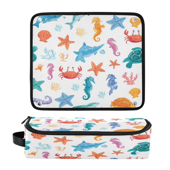 Hair Tool Organizer Bag with Heat Resistant Mat Removable Travel Storage Case for Hot Air Brushes Curling Irons Playful Sea Animals Pattern