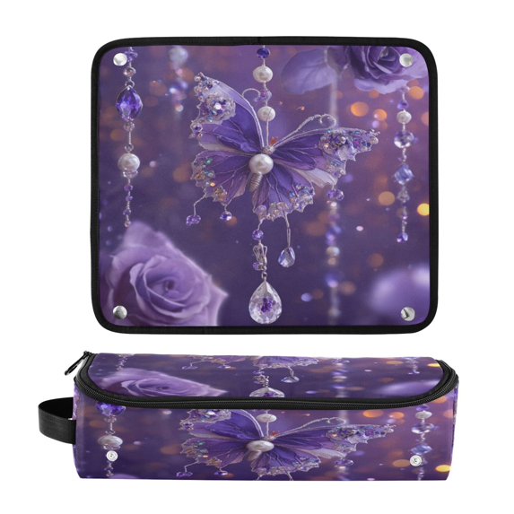 Hair Tool Organizer Bag with Heat Resistant Mat Removable Travel Storage Case for Hot Air Brushes Curling Irons Purple Butterfly Pattern