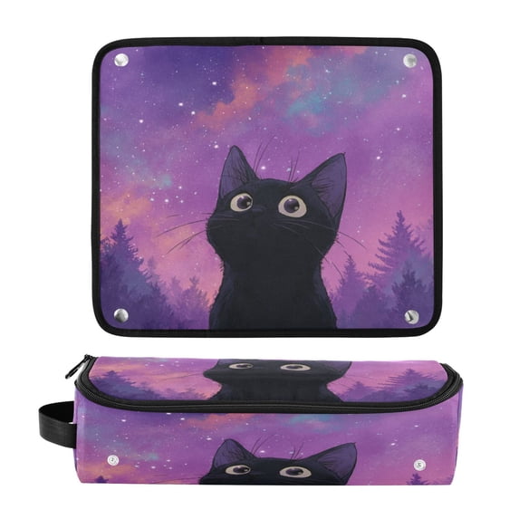 Hair Tool Organizer Bag with Heat Resistant Mat Removable Travel Storage Case for Hot Air Brushes Curling Irons Purple Sky and Black Cat