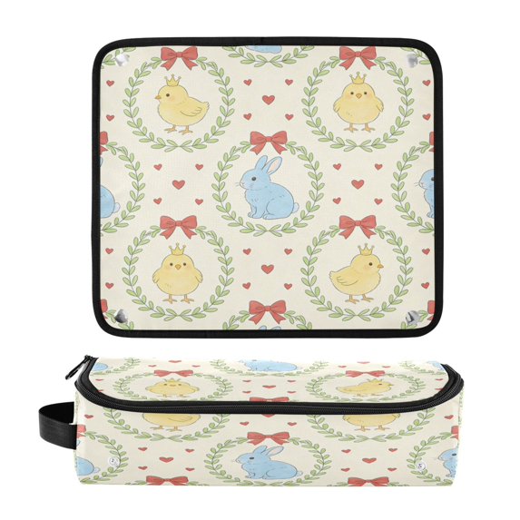 Hair Tool Organizer Bag with Heat Resistant Mat Removable Travel Storage Case for Hot Air Brushes Curling Irons Rabbit and Chicks in Wreath