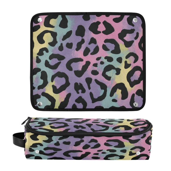 Hair Tool Organizer Bag with Heat Resistant Mat Removable Travel Storage Case for Hot Air Brushes Curling Irons Rainbow Colors Leopard Print