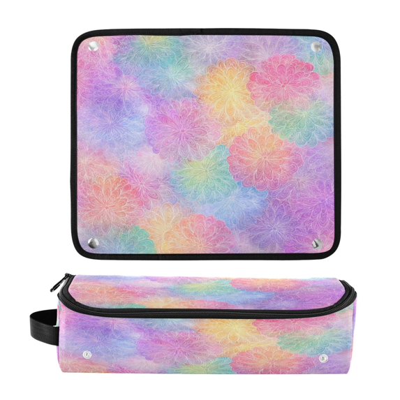 Hair Tool Organizer Bag with Heat Resistant Mat Removable Travel Storage Case for Hot Air Brushes Curling Irons Rainbow Flower Pattern