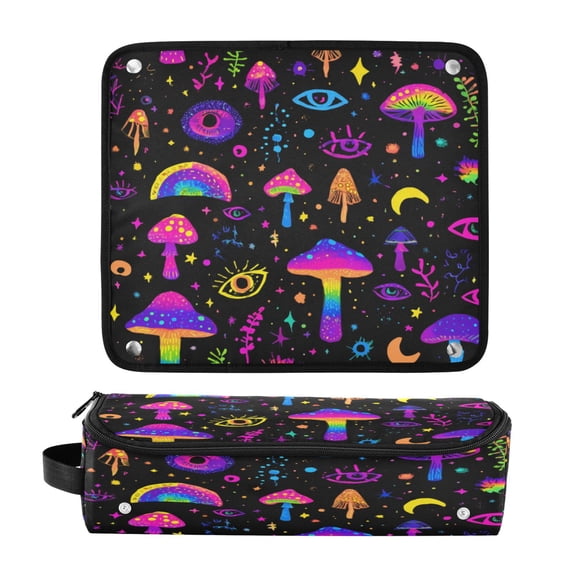 Hair Tool Organizer Bag with Heat Resistant Mat Removable Travel Storage Case for Hot Air Brushes Curling Irons Rainbow Mushrooms