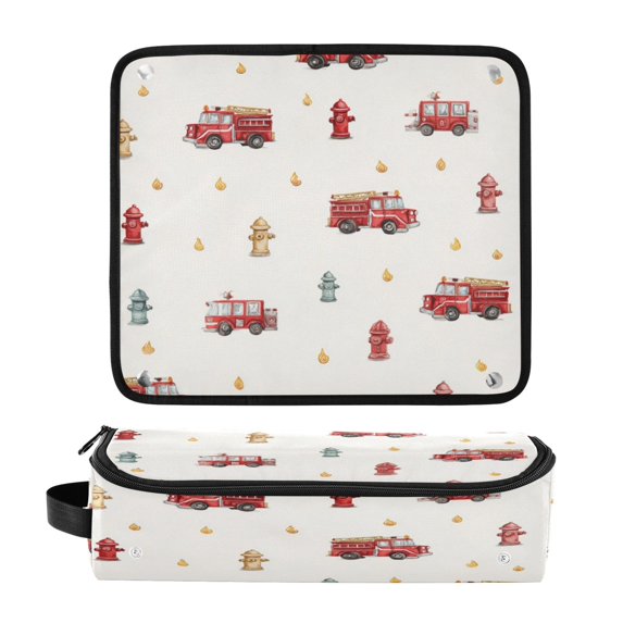 Hair Tool Organizer Bag with Heat Resistant Mat Removable Travel Storage Case for Hot Air Brushes Curling Irons Red Fire Trucks Pattern
