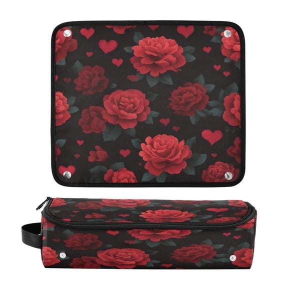 Hair Tool Organizer Bag with Heat Resistant Mat Removable Travel Storage Case for Hot Air Brushes Curling Irons Red Roses and Hearts Pattern