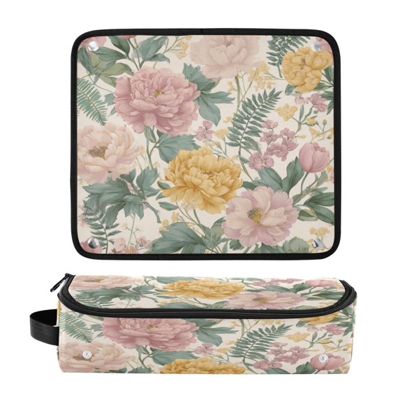 Hair Tool Organizer Bag with Heat Resistant Mat Removable Travel Storage Case for Hot Air Brushes Curling Irons Retro Plant Pattern