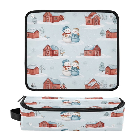 Hair Tool Organizer Bag with Heat Resistant Mat Removable Travel Storage Case for Hot Air Brushes Curling Irons Watercolor Snowman and Red Barn