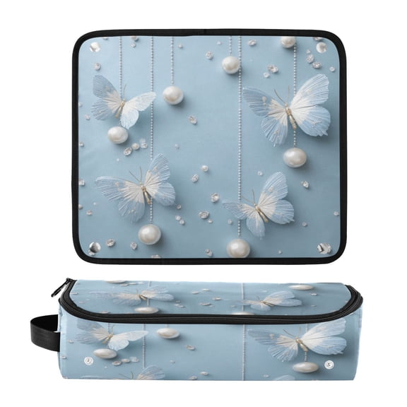 Hair Tool Organizer Bag with Heat Resistant Mat Removable Travel Storage Case for Hot Air Brushes Curling Irons White Butterflies Pattern