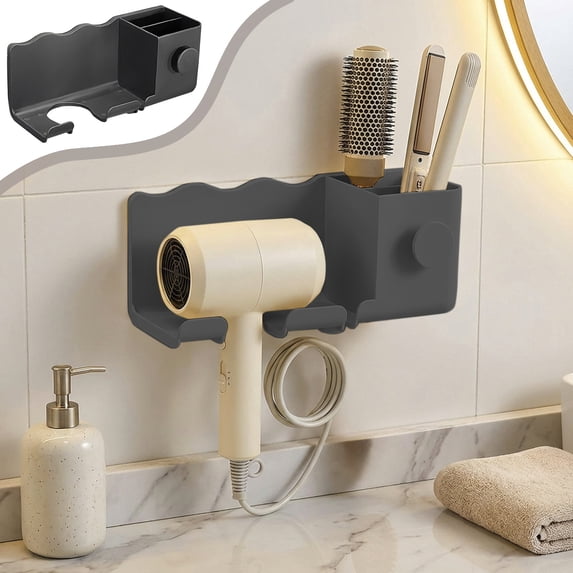 Hair Tool Organizer Wall Mount No Drill, Hair Dryer Holder for Flat Iron Curling Wand – Rustproof ABS Bathroom Storage Rack for Dorm, Apartment, RV, Small Spaces