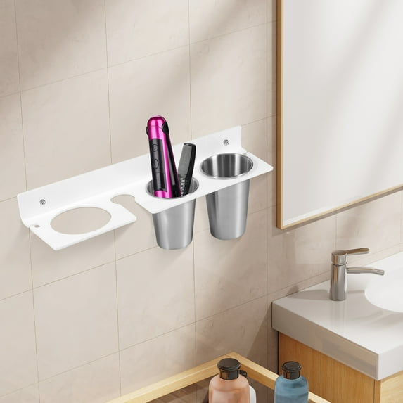 Hair Tool Organizer Wall Mount Thickened Acrylic Hair Dryer Holder with 2 Stainless Steel Cup, Bathroom Accessories Storage for Blow Dryer, Curling Wand, Flat Iron, Hair Straighteners