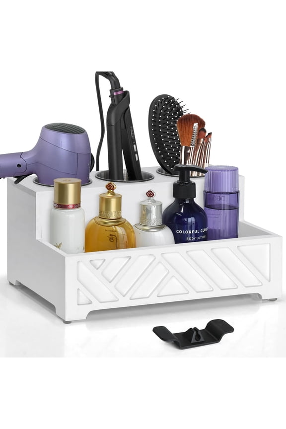 Hair Tool Organizer, Wall Mounted, Bathroom Countertop, Vanity Organizer, White, Wooden, Rectangular, Rustic, Art, 7.1 x 5.3 x 5.3 Inches, Paulownia Wood & Stainless Steel, 1.87 Pounds