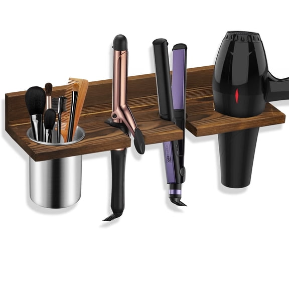 Hair Tool Organizer Wall Mounted - Wooden Dryer Holder, Blow Dryer Holder for Bathroom, Rustic Styling Tools Organizer for Flat Iron, Curling Wand, Hair Straighteners, Brushes, Brown