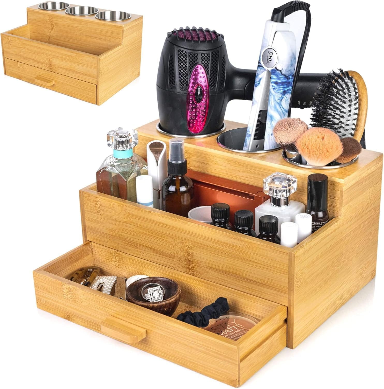 Hair Tool Storage Organizer, Bamboo Hair tool organizer for Bathroom ...