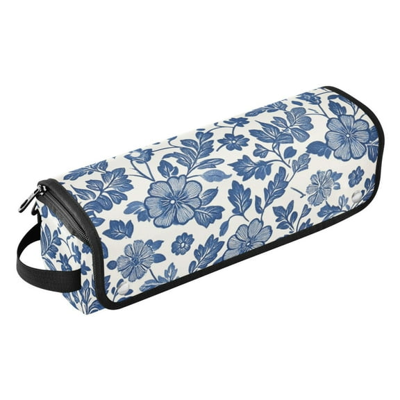 Hair Tool Travel Bag with Heat Resistant Mat for Flat Iron, Straighteners, Curling Iron, Makeup, Toiletries & Haircare Accessories, Portable Hot Tools Organizer with Hangdbag. Blue Floral Pattern