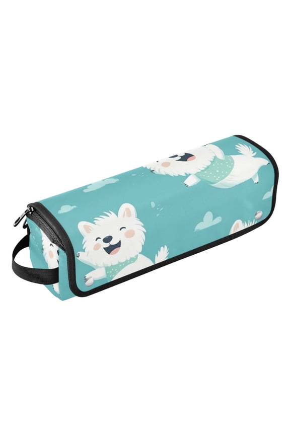 Hair Tool Travel Bag with Heat Resistant Mat for Flat Iron, Straighteners, Curling Iron, Makeup, Toiletries & Haircare Accessories, Portable Hot Tools Organizer with Hangdbag. White Dogs Jumping