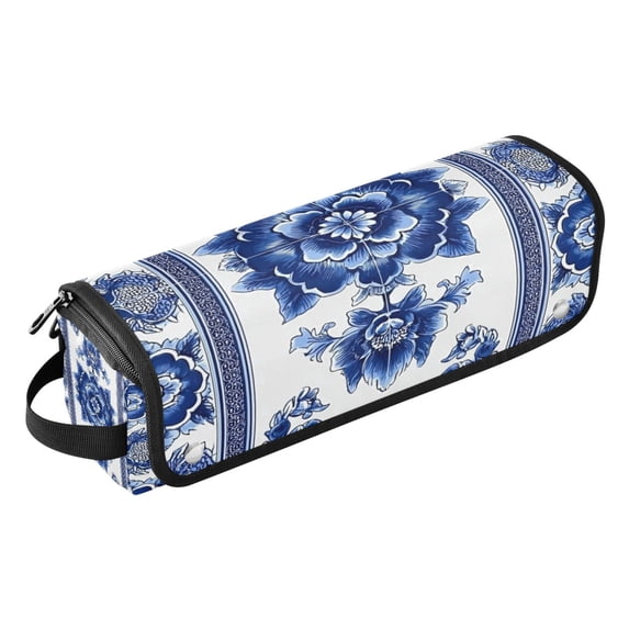 Hair Tools Storage with Heat Resistant Mat- Blue-and-white Porcelain Patterns Printed Curling Iron Travel Bag/Flat Iron Case for Women