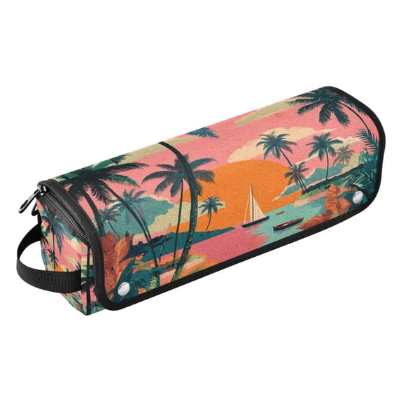 Hair Tools Storage with Heat Resistant Mat- Sunset Scene Printed Curling Iron Travel Bag/Flat Iron Case for Women