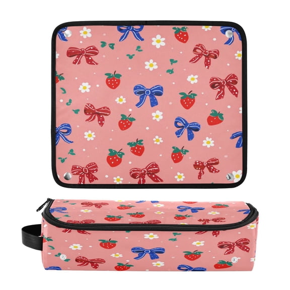 Hair Tools Travel Bag Heat-Resistant Curling Iron Organizer Bag with Detachable Heatproof Mat Travel Storage Case Bows and Strawberries Pattern