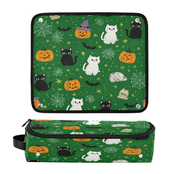 Hair Tools Travel Bag Heat-Resistant Curling Iron Organizer Bag with Detachable Heatproof Mat Travel Storage Case Green Background with Cats