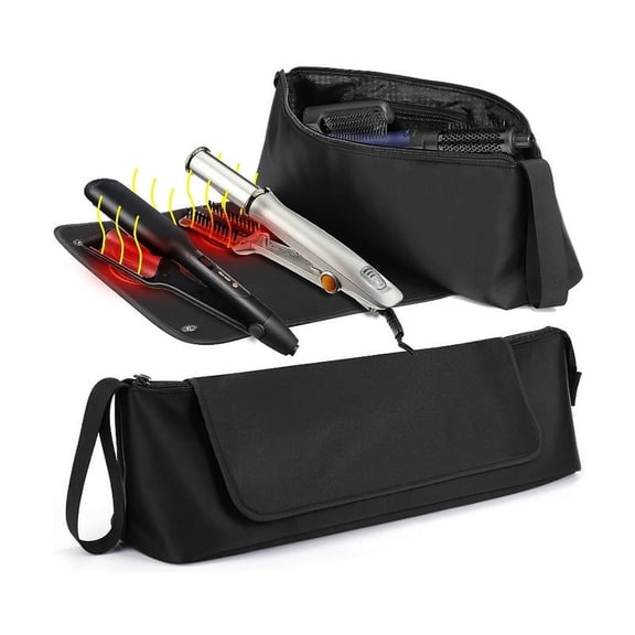 Hair Tools Travel Bag and Heat Resistant Mat for Flat Irons, Straighteners, Curling Iron, and Haircare Accessories, 2-in-1 design, with Interior Pockets, Portable Organizer-Black