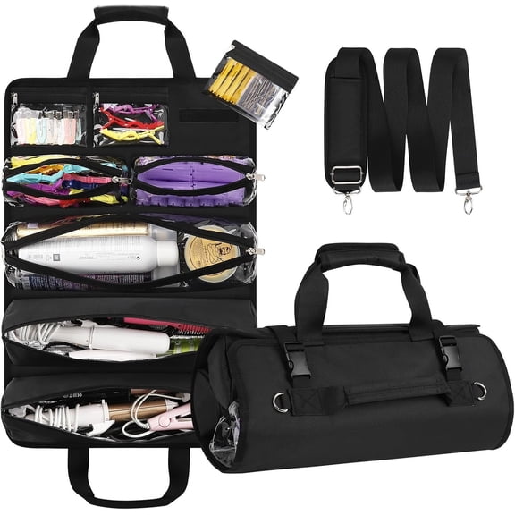Hair Tools Travel Bag, Roll Up Tool Bag Organizer for Hair Stuff, Hairstylist Traveling Bag with 8 Detachable Zipper Pouch, Professional  Bag for Hairdresser Barber, Heat Resistant Lining