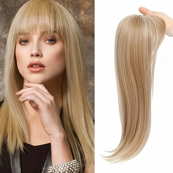Hair Topper with Bangs for Women, 3D 360° Coverage Clip In Hair Piece, Natural Looking Fluffy Synthetic Topper for Thinning Hair and Daily Volume Enhancement(Rose Gold,One Size)